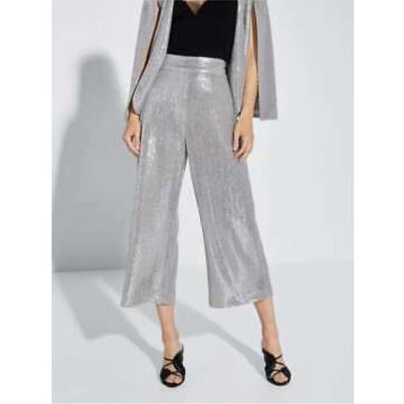 ZARA Silver Sequin Metallic Culotte Wide Leg Cropped Pants Women’s size Medium - Picture 1 of 16